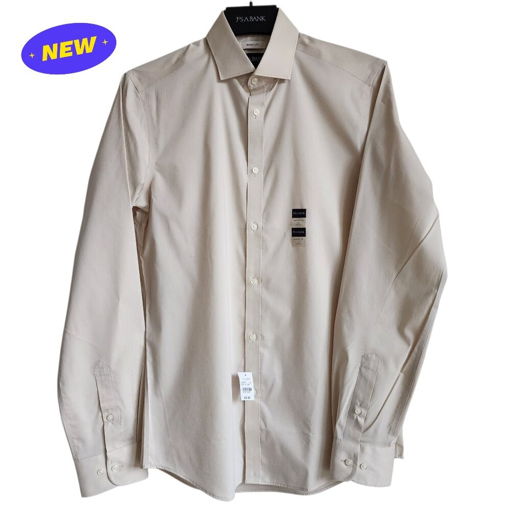 15 34/35 Beige Dress Shirt Skinny Fit Jos A Bank Mens New Stretch Long Sleeve Sz